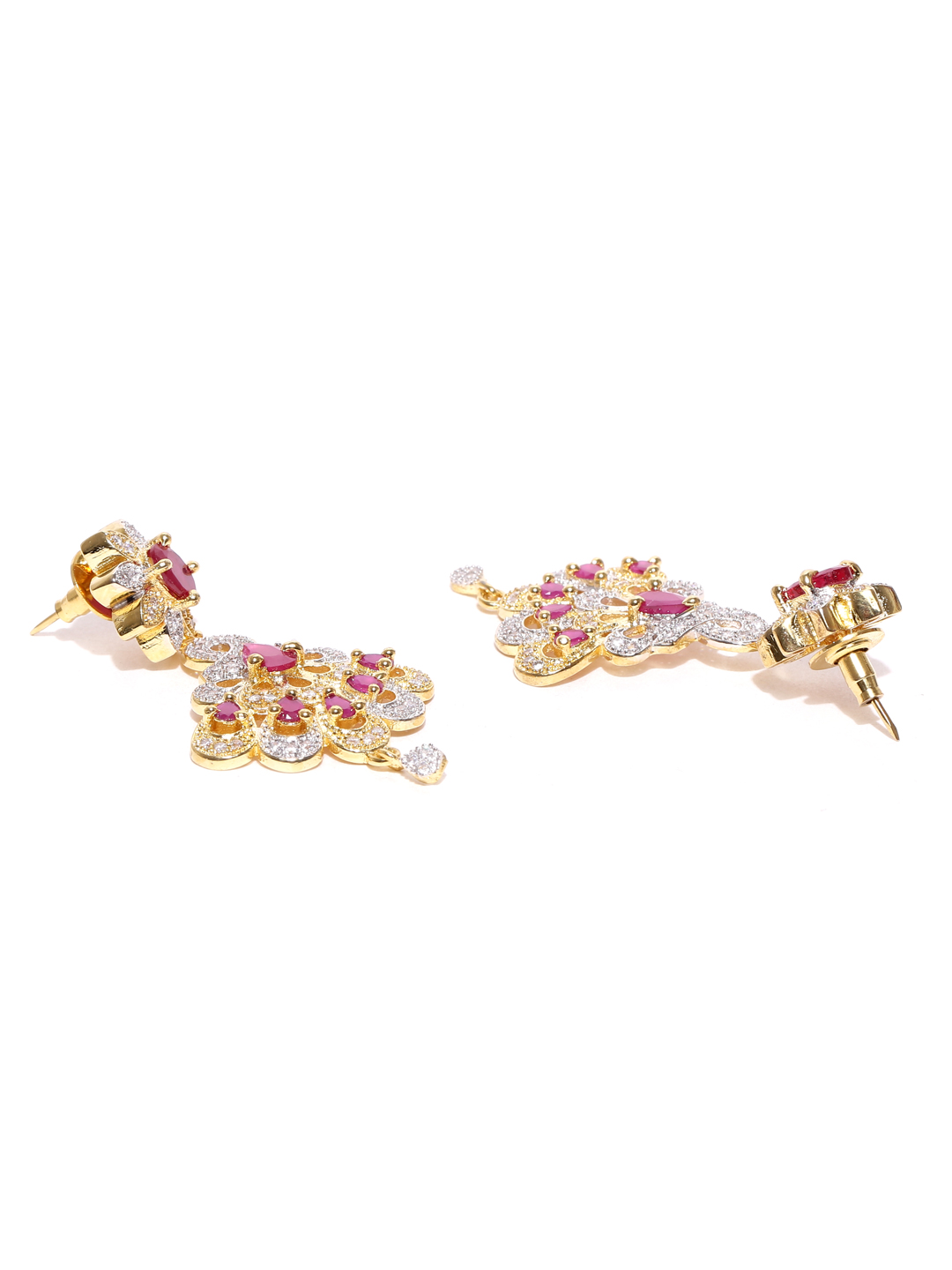 YouBella Pink  Silver-Toned Gold-Plated Floral Drop Earrings